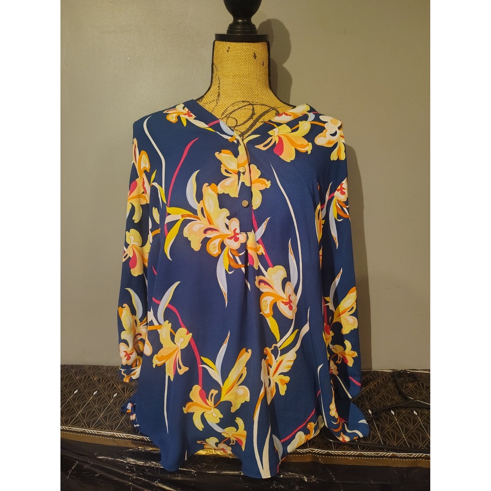 JM Collection Navy Blue Floral Henley Blouse Roll Tab Sleeve XL